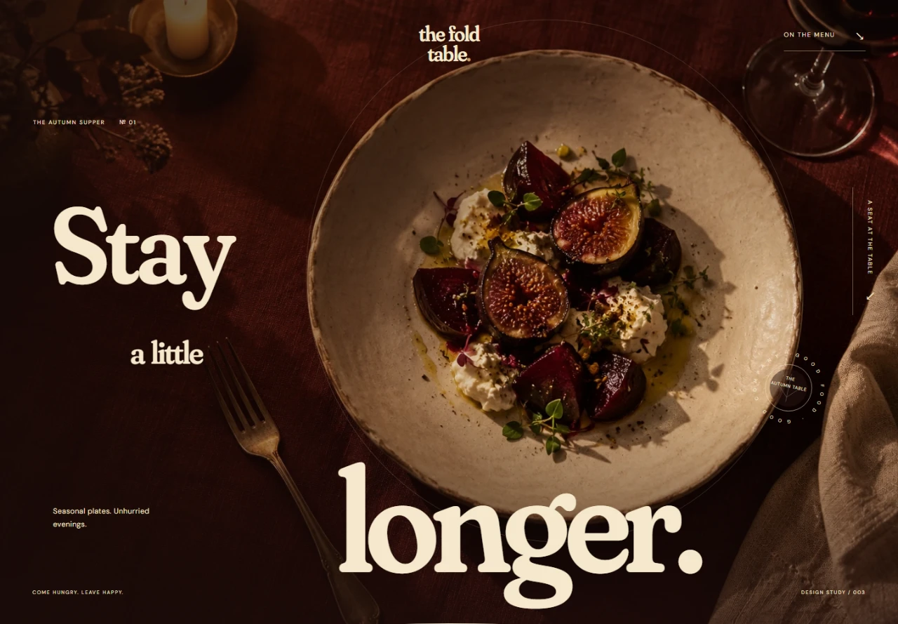 The Fold Table concept: warm food photography and generous restaurant typography.